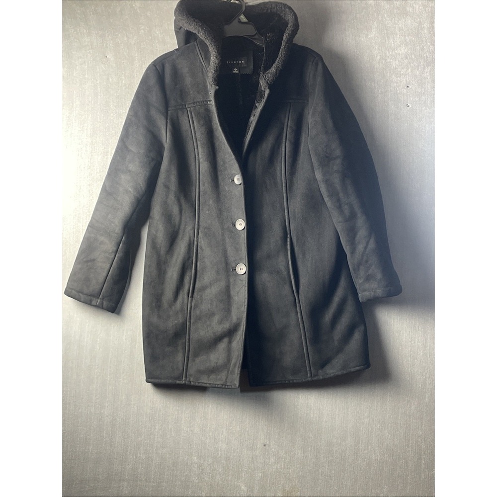Braetan Women's Button Faux Suede Jacket Hooded Black Size L
